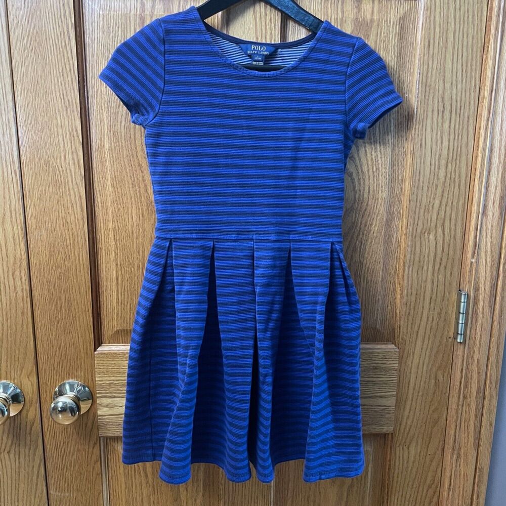 Polo Ralph Lauren Blue Black Striped Dress Size Large 12-14 Short Sleeve Pleated